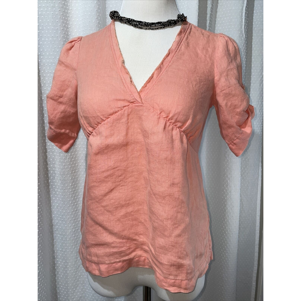 Banana Republic Petite XS Apricot Linen V-Neck Tab Sleeve Blouse 100% Linen